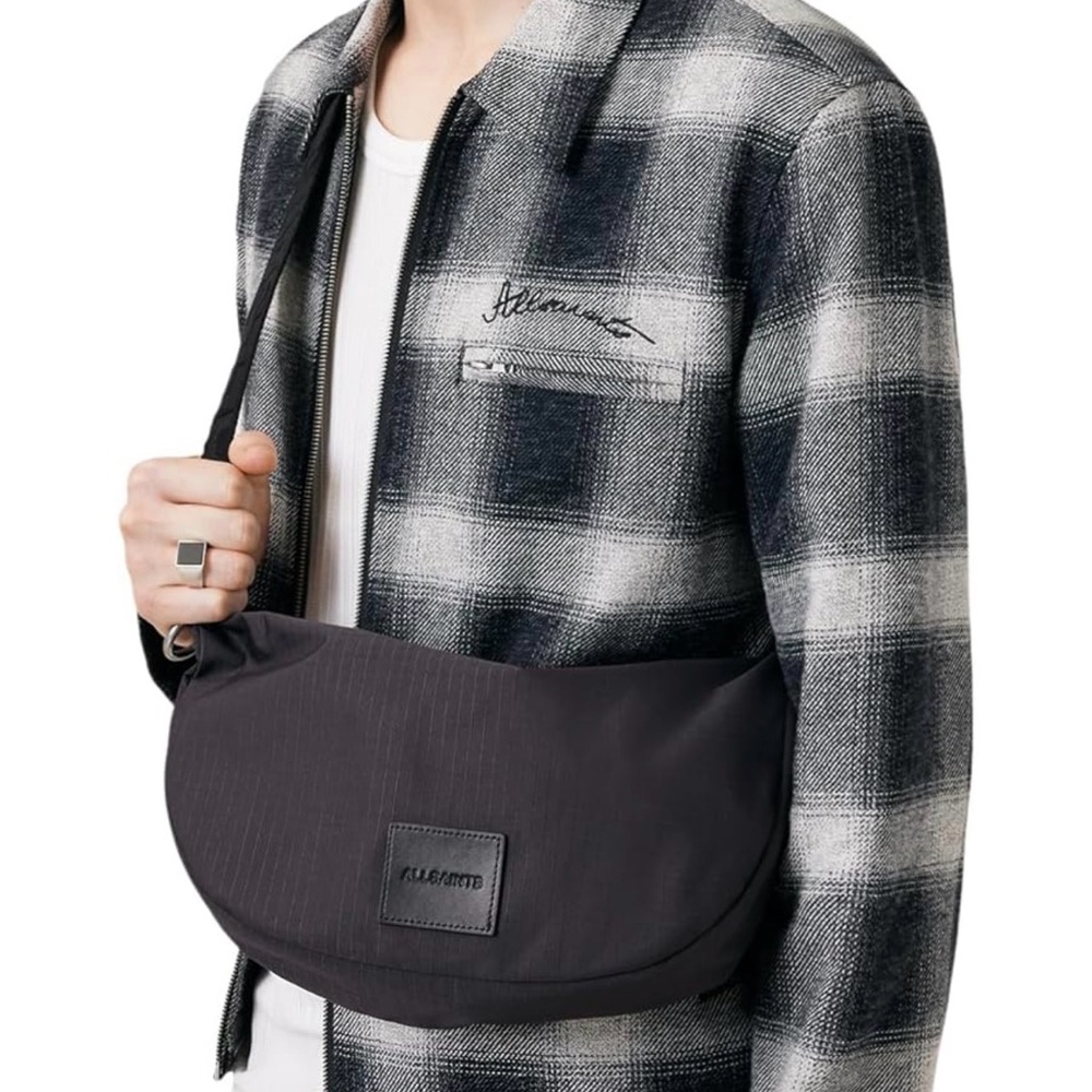 NWT AllSaints Nylon Koy‎ Crossbody Tumbled Grey Crescent Half Moon Bag $119